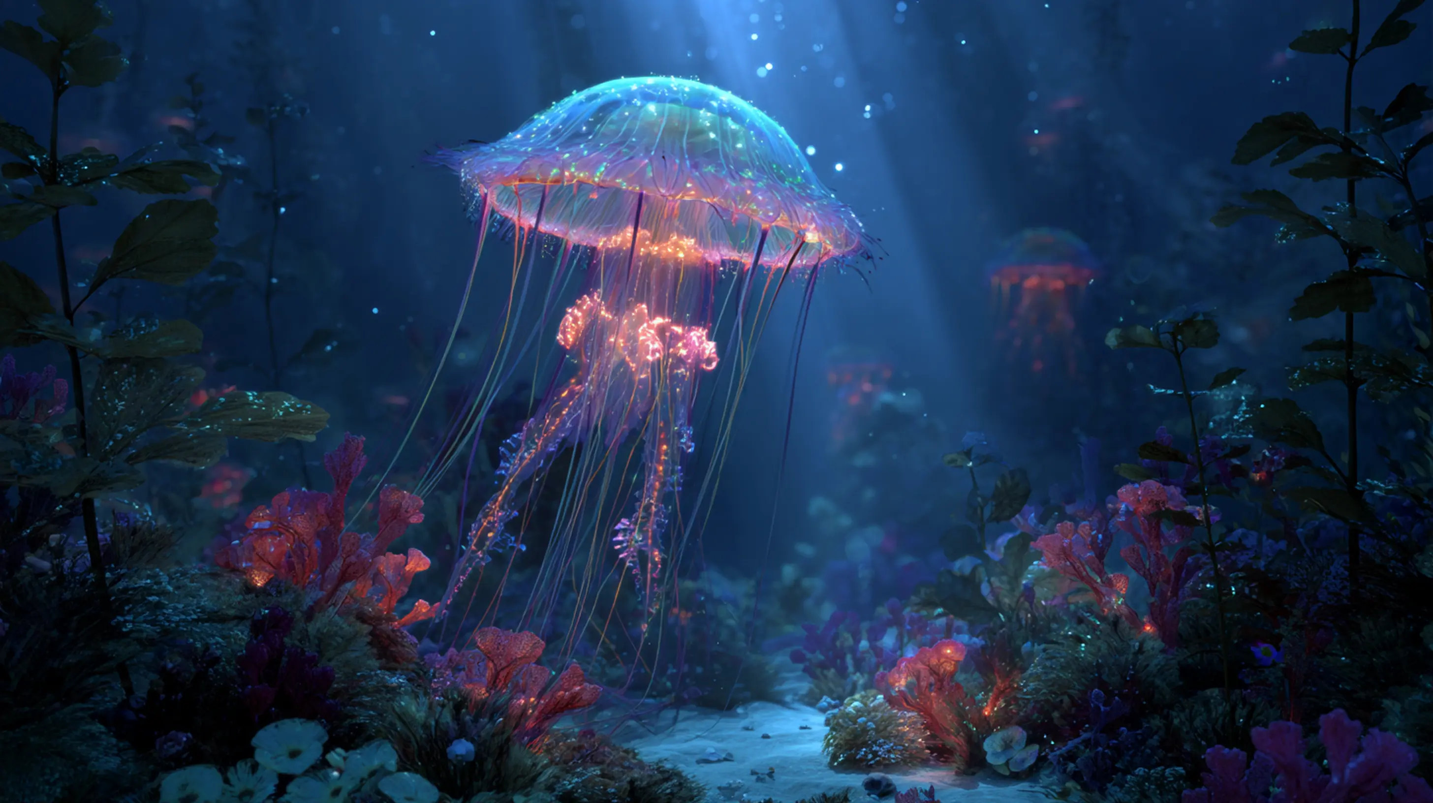 Underwater illustration showing bioluminescent jellyfish, flowing tentacles, and coral reef in deep ocean.