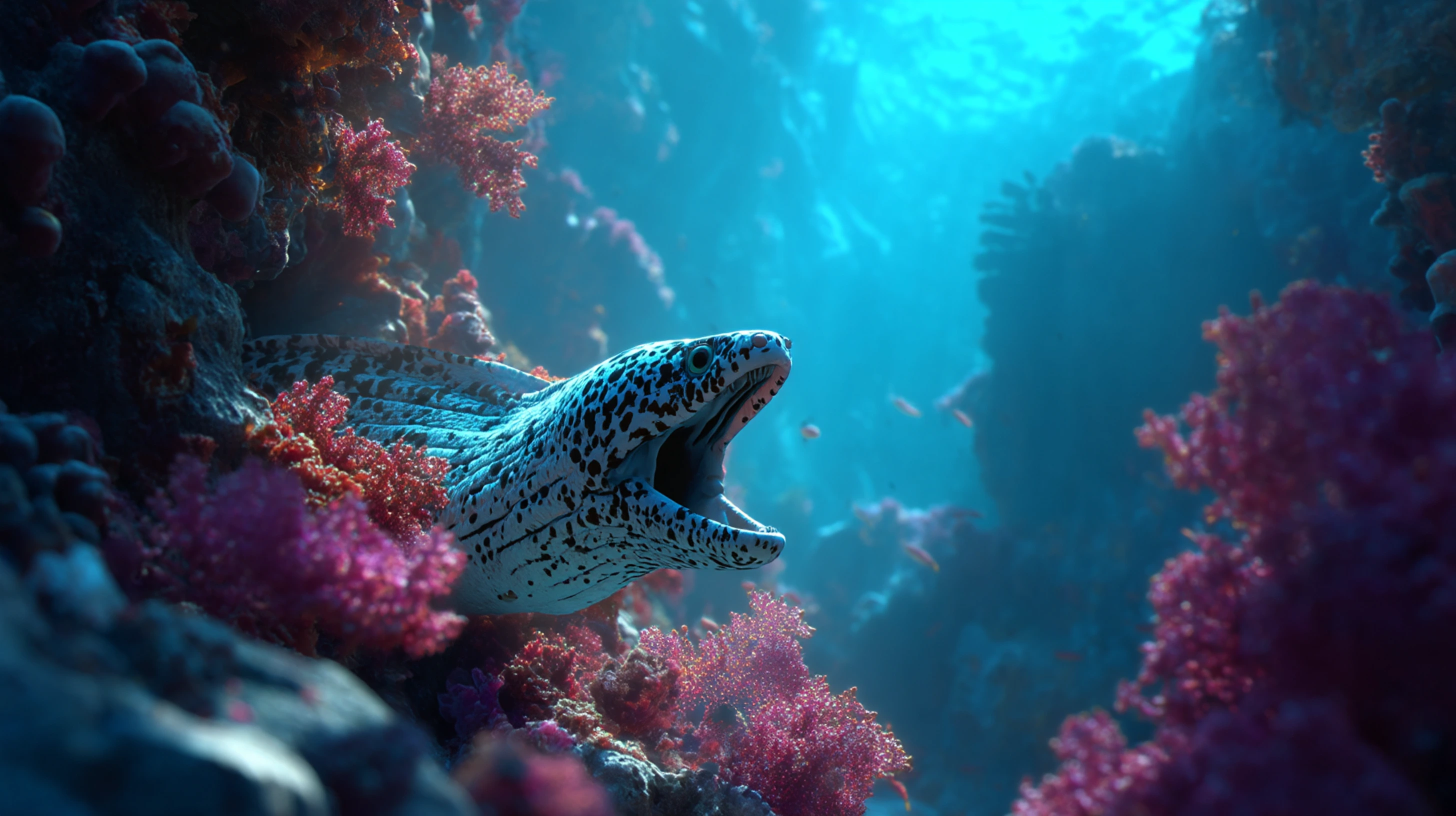 Underwater illustration showing moray eel, spotted pattern, and coral formations in turquoise water.