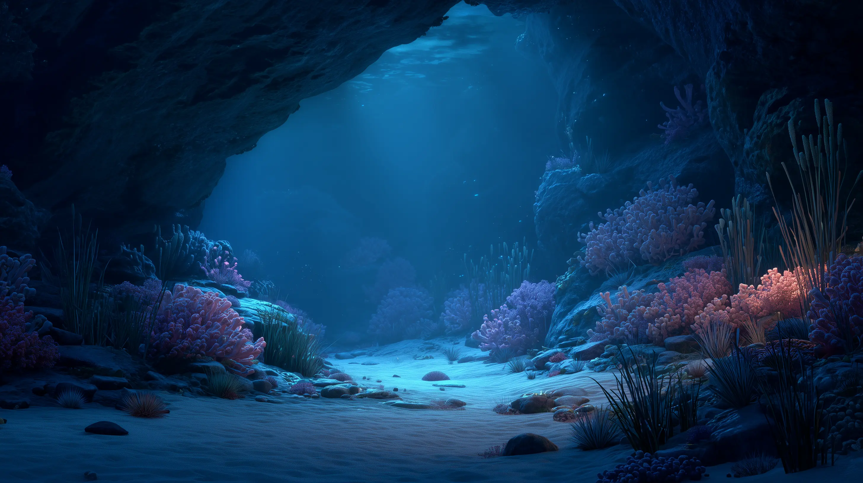 Underwater cave scene illuminated by soft blue light, featuring coral formations and sand on the sea floor.